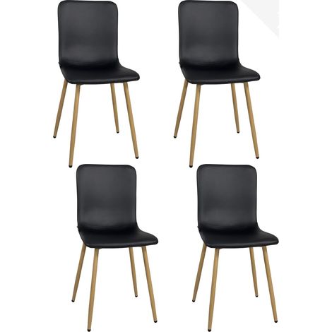 Ensemble de 4 chaises de salle à manger pour salon, assise en similicuir noir, pieds en métal rembourrés effet bois clair poli (noir) (1/5)