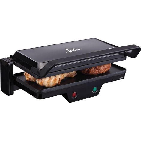 Gril de table électrique, 1000 W, métal, noir, 27 x 14 cm, thermostat, grande ouverture à 180 degrés, surface de gril inclinable, bac à miettes pour graisse (1/5)