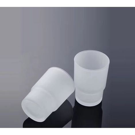 Set di due bicchieri in vetro satinato, riutilizzabili, ideali per il bagno, con porta spazzolino. Adatti al montaggio a parete in hotel e per l'uso in camera da letto. (1/4)