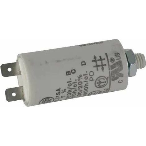 – Condensateur de démarrage universel 2µF 450V – Ø25mm longueur 49mm – Fixation M8 avec 2 cosses – Pour moteurs d'appareils électriques