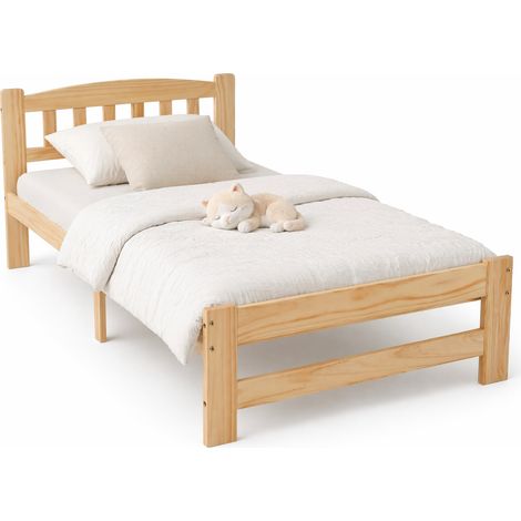 Letto Singolo 90×200 cm, Letto 1 Posto in Legno Massello con Testiera e Piede Centrale, senza Materasso, Naturale (1/5)