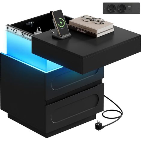 WOLTU Table de Chevet Connctée en Bois, Compartiment Caché avec Serrure, Table de Nuit LED avec 2 Tiroirs, 45x40x58 cm, Noir (1/5)