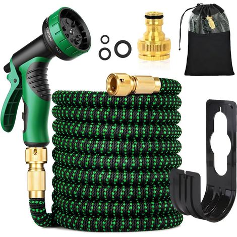 30M Green Flexible Garden Hose Expandable Garden Hose  with 3/4 inch and 1/2 inch brass nozzle and fittings, 10 functions, 3 x expandable, crease-free, garden and soil (1/5)