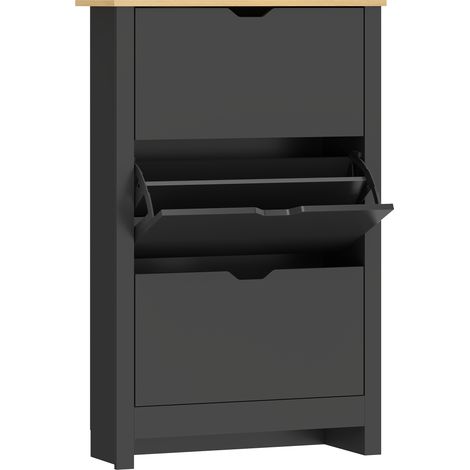 Armoire à chaussures 3 portes inclinables 2 casiers panneaux de particules noir chêne (1/5)
