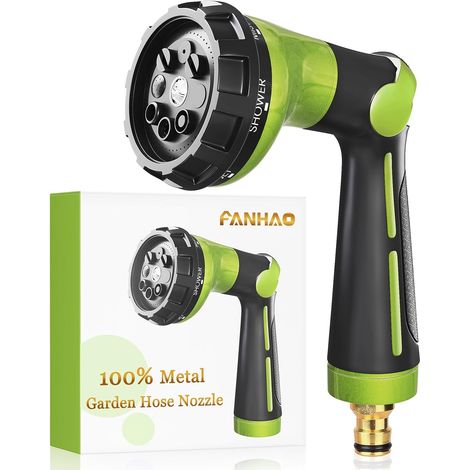 Pistolet Arrosage 100% Metal avec 8 Modes de Pulvérisation, Pistolet d'arrosage Haute Pression, Valve Marche/arrêt à Régler avec le Pouce pour Pelouses, Voitures et des Animaux - Vert (1/5)