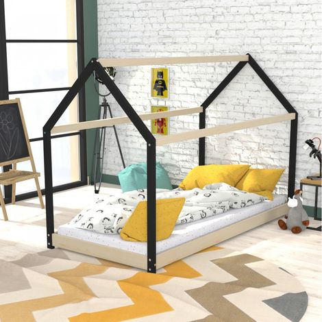 Lit cabane PANDA 90x190 + 1 sommier + matelas IRIS / Naturel et Noir/ 195x134x97 cm