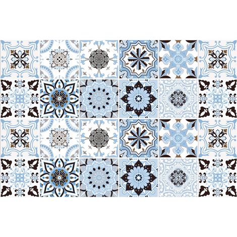 Lot de 24 carreaux adhesifs pvc bleu et noir stickers muraux decoratifs cuisine salle de bain 10x10cm (1/5)