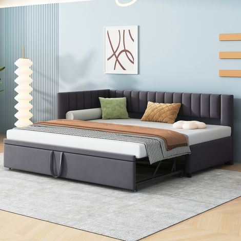 Canapé-lit L 3-en-1 Velours gris : Lit Gigogne 90/180200cm, Rembourré, Design Compact pour Enfant ou Appoint (sans Matelas) (1/5)