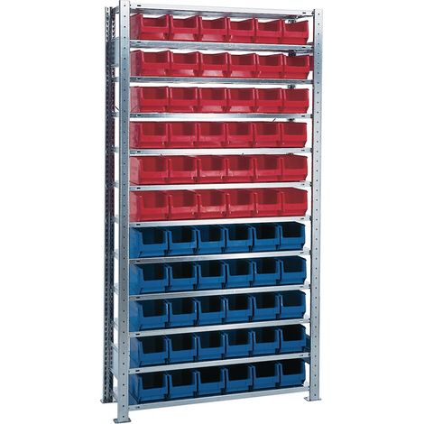 Steckregal H2000xB1000xT300mm Grundregal12 Stahlböden 30 x MK4 blau, 36 x MK4 rot