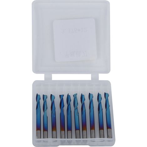 10 fraises carbure monobloc 2 dents revêtement nano bleu, queue lisse 3,175 mm, fond plat (1/5)
