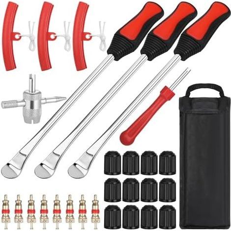 29 pièces Demonte Pneu Moto, démonte Outil avec 3 Protections de Jantes, Outils Démontage Pneus Durables pour Trottinette électrique Moto - (1/5)