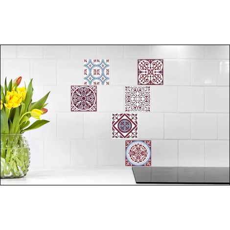 Sticker Carrelage Autocollant 15x15 cm x6, Décoratif Ciment, Bleu, Bordeaux et Blanc. (1/3)