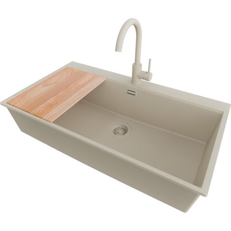 PRIMAGRAN Evier Cuisine en Granit 88x50cm,Lavabo 1 bac + Robinet 32x20cm + Kit de Vidage + Planche à Découper, Évier à Encastrer au meuble 90cm - Oslo, Beige (1/5)