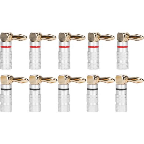 Lot de 10 fiches bananes à angle droit en cuivre plaqué or 24 carats, boîtier en aluminium, pour câble d'enceinte 4 mm (1/4)