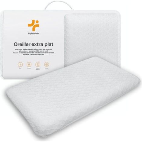 Oreiller Extra Plat - INPHYSIO - 58x38x7 cm - Mousse à mémoire - Tissu bambou - Anti-acarien