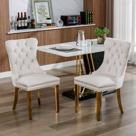 Chaises de salle à manger velours capitonné , lot de 2, pieds acier inoxydable doré, clous décoratifs, design moderne haut de gamme, beige (1/5)