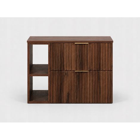 Meuble sous vasque suspendu FLOW 80 cm noyer foncé avec étagère et plan de travail (1/5)