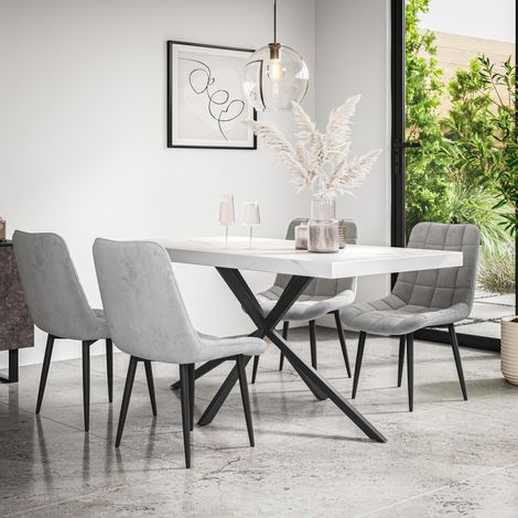 Donni Dining Table And Chairs - White Marble Effect Table Top w Black Legs + Nova Velvet Dining Chair Set Of 6 (Grey) (1/5)
