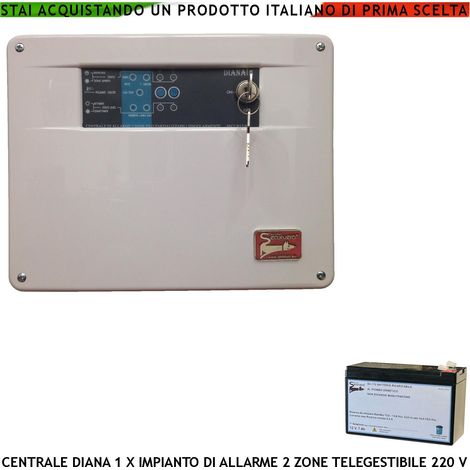 Centrale Antifurto Diana 2 Zone Batteria 12 V 7 Ah 2 Chiavi Meccaniche per Impianto di Allarme Filare. Gestisce Sensori Ingresso Per Comando Remoto Telegestione Uscita Sirene Combinatore Videocamera (1/4)