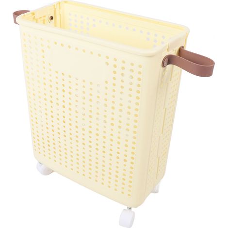Panier à linge fin pliable gain de place solide en plastique PP pour salle de bain couloir blanc crème avec roulettes et autocollant (1/5)