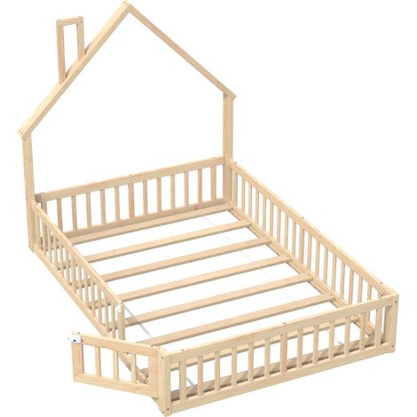 Lit cabane, 140 x 200 cm, lit enfant en forme de cheminée, avec sommier à lattes (sans matelas), bois de pin, style minimaliste, naturel (1/5)