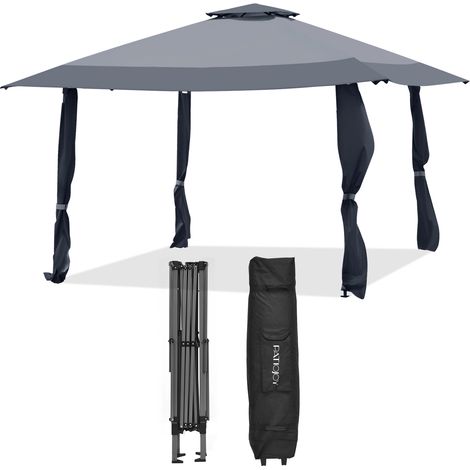 Tonnelle de Jardin Pliante Toit à 2 Niveaux 4x4M, Tente de Reception Imperméable Tissu Oxford à 3 Hauteurs Réglables 267-284CM Sac de Rangement, Gris (1/5)