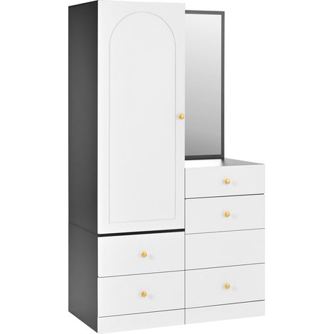 Toeletta-armadio multifunzione in MDF nero e bianco con specchio e sgabello estraibile (1/5)