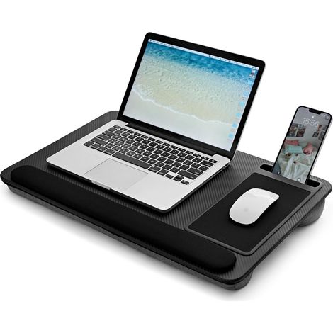 Table portable pour ordinateur portable avec plateau rembourré, tapis de souris intégré et emplacement pour téléphone. (1/5)