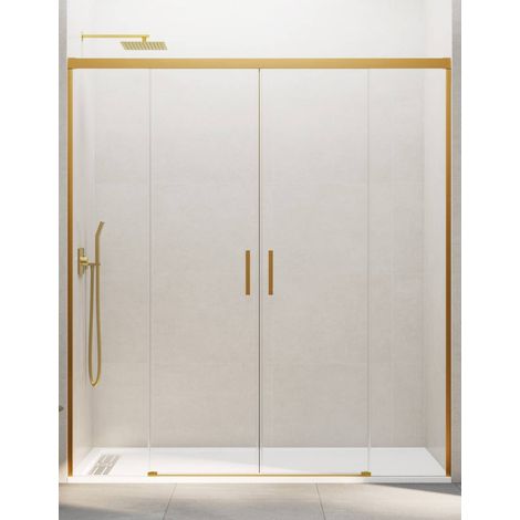 BASIC shower screen with two sliding doors and two fixed panels, 140 cm, clear glass, gold finish (1/5)