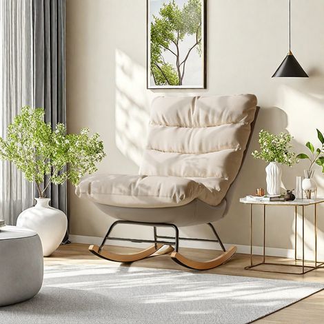 Fauteuil à bascule beige rembourré et moelleux à dossier haut–72 x 83 x 93 cm–Pieds en bois–Lin–Mousse haute densité–Style moderne/scandinave (1/4)