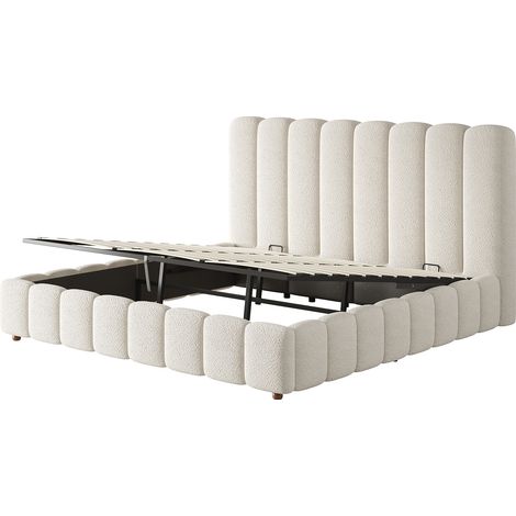 Letto matrimoniale capitonné 180x200 cm in bouclette bianca con contenitore idraulico e rete (1/5)