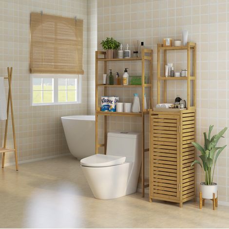 Mobile bagno sopra WC in bambù naturale, stile essenziale, 3 ripiani aperti, salvaspazio, 68 x 20 x 165 cm (1/5)