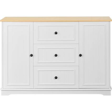 Credenza buffet in MDF con 3 cassetti e 2 ante, 126 x 40 x 86 cm, bianco e legno chiaro HOMVRA (1/5)