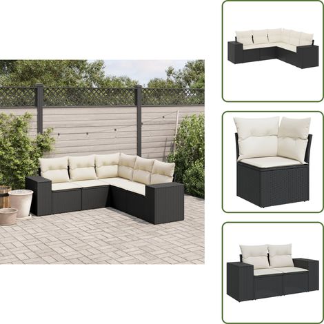 5-tlg. Garten-Sofagarnitur mit Kissen Schwarz Poly Rattan - Gartengeset - Outdoor Möbel - Gartenlounge - Lounge Set - Rattan Sessel (1/5)