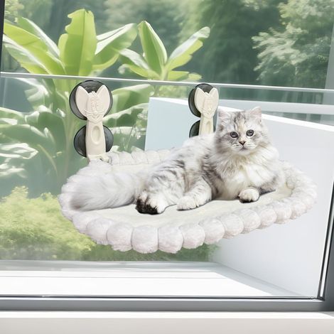 Hamac Chat Fenetre Pliable et Démontable, Luxe Lapin Doudou, Supporte jusqu'à 20kg, 53x37cm, Coussins Réversible pour Bain de Soleil et Repos, Cadre Métallique, Blanc (1/5)