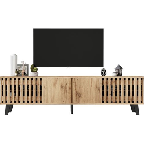 180 × 40 × 55 cm Meuble TV lowboard finition bois naturel avec 8 compartiments indépendants, console TV adaptée aux téléviseurs jusqu’à 70 pouces, pour salon (1/5)