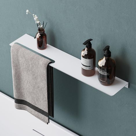 Mai & Mai Mensola da Parete Multifunzionale 60cm, Mensola per Doccia in Alluminio con Portasciugamani Mensola da Appendere per Bagno e Cucina, Bianco Opaco, Reglo-06