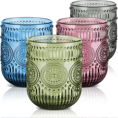 Lot de 4 Multicolore Verres à Boire, 260ml Coloré Verres à Jus et Soda, Vintage Verres à Eau Décoré en Floraux Relief, Verre de table Pour Eau Gazeuse, Apéritif et Bière, Lavable Lave-Vaisselle