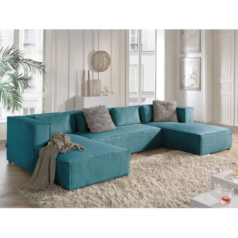 Lisa Design – Canapé panoramique en U 7 places – Velours côtelé bleu canard – Assises rembourrées – Dimensions L327 x P176 cm (1/5)