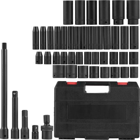 Coffret de douilles à impact métriques 1/2" Assortiment de 45 douilles profondes et peu profondes Tailles métriques de 9 à 32 mm Acier au chrome-vanadium de qualité supérieure Rallonges Joint uni