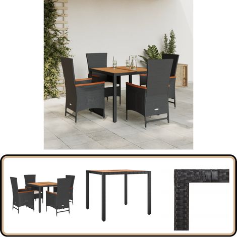 5-tlg. Garten-Essgruppe mit Kissen Schwarz Poly Rattan - Gartenmöbel Set - Esstisch - Gartenstühle - Rattan Möbel - Outdoor Möbel