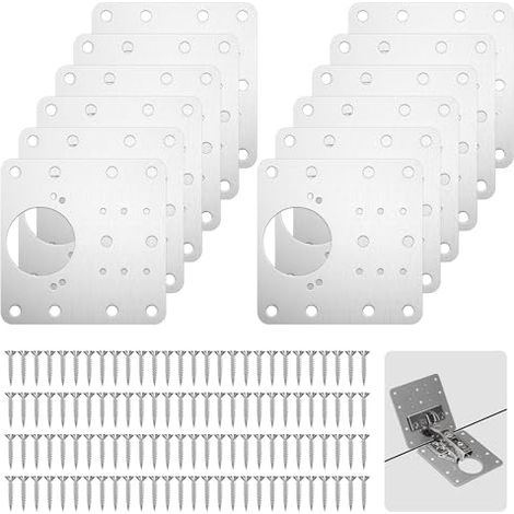 12 PCS plaque reparation charniere porte, kit de réparation charnière meuble, hinge repair kit, charnières d'armoire en acier inoxydable, avec trous et 72 Vis, pour Bois, fenêtre, Étagères