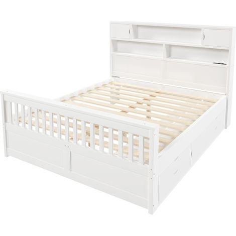 Letto a piattaforma 160 x 200 cm con contenitore, LED e porte USB, bianco, MODENUIT (1/5)