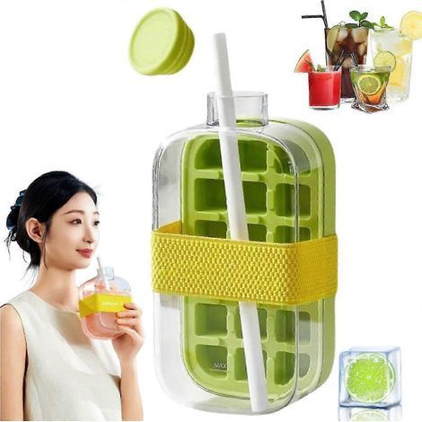 Bouteille d'eau 2 en 1 avec bac à glaçons et paille, démoulage facile sans contact, idéale pour les jus et le café, verte, 500 ml (1/5)