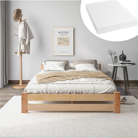 DESVIAE Lit double futon en bois massif avec tête de lit et sommier à lattes 140 x 200 cm naturel (1/5)