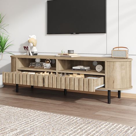 Meuble TV 160 x 40 x 48 cm, meuble bas à 2 placards, meuble de salon avec 2 tiroirs, meuble TV en bois naturel, MDF, table TV, support TV à 5 pieds, compatible avec les téléviseurs jusqu'à 65 pouces.