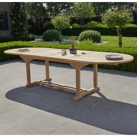 Berah Getah – Table de jardin extensible ovale en teck massif 10/12 places – 2 rallonges papillon de 50 cm – Largeur 100 cm – Hauteur 75 cm – Longueur 200/300 cm