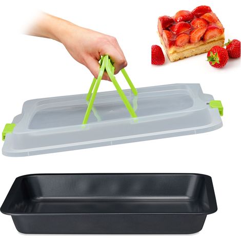 Relaxdays Baking Tray with Lid, Cake Carrier, Kitchen Storage Container with Handles, 3in1, WxD:  40x33, Green/Black