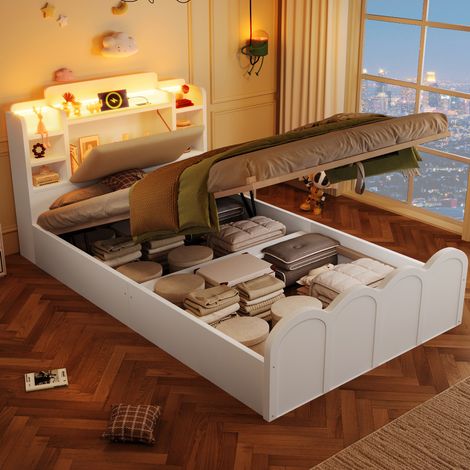 Cama juvenil 88/222/95 cm blanca de pino con almacenaje hidráulico, USB-C y LED (1/5)