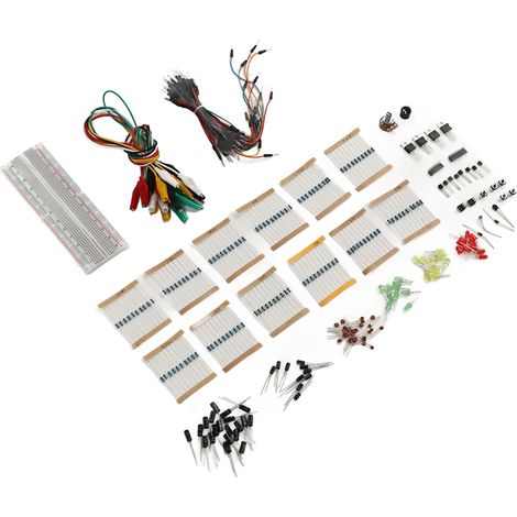 Kit électronique polyvalent : planche d'essai, buzzer, diodes, condensateurs, résistances (1/5)